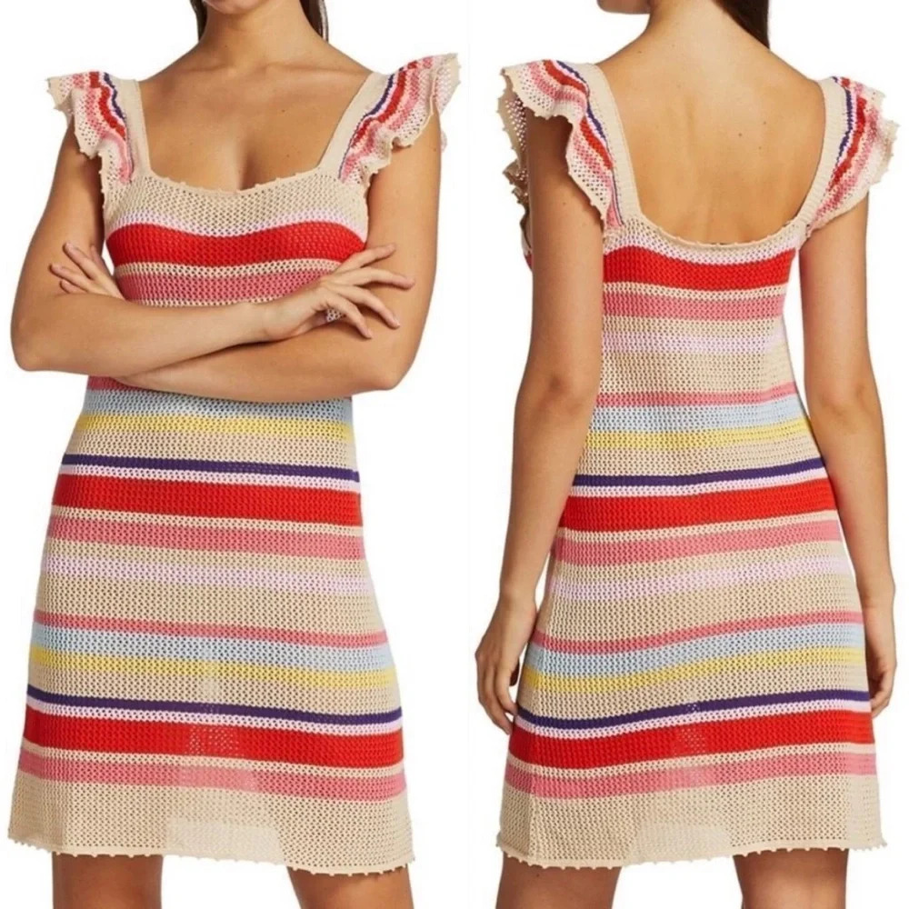 Rails June Ruffle-Sleeve Knit Mini Dress in Tan Multi Stripe